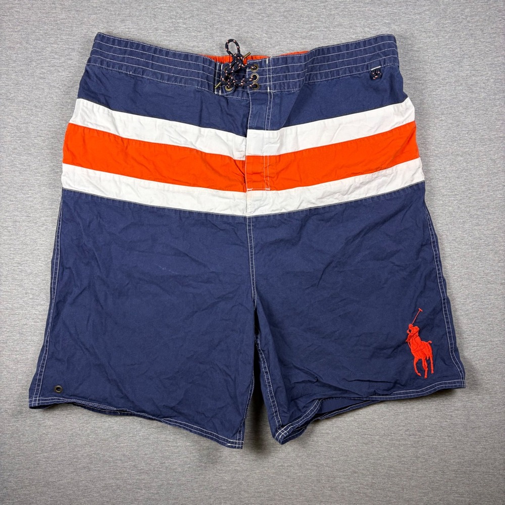 Vintage 90s Polo Ralph Lauren Big Pony Swim Trunks Mens 2XLT Blue Orange Board